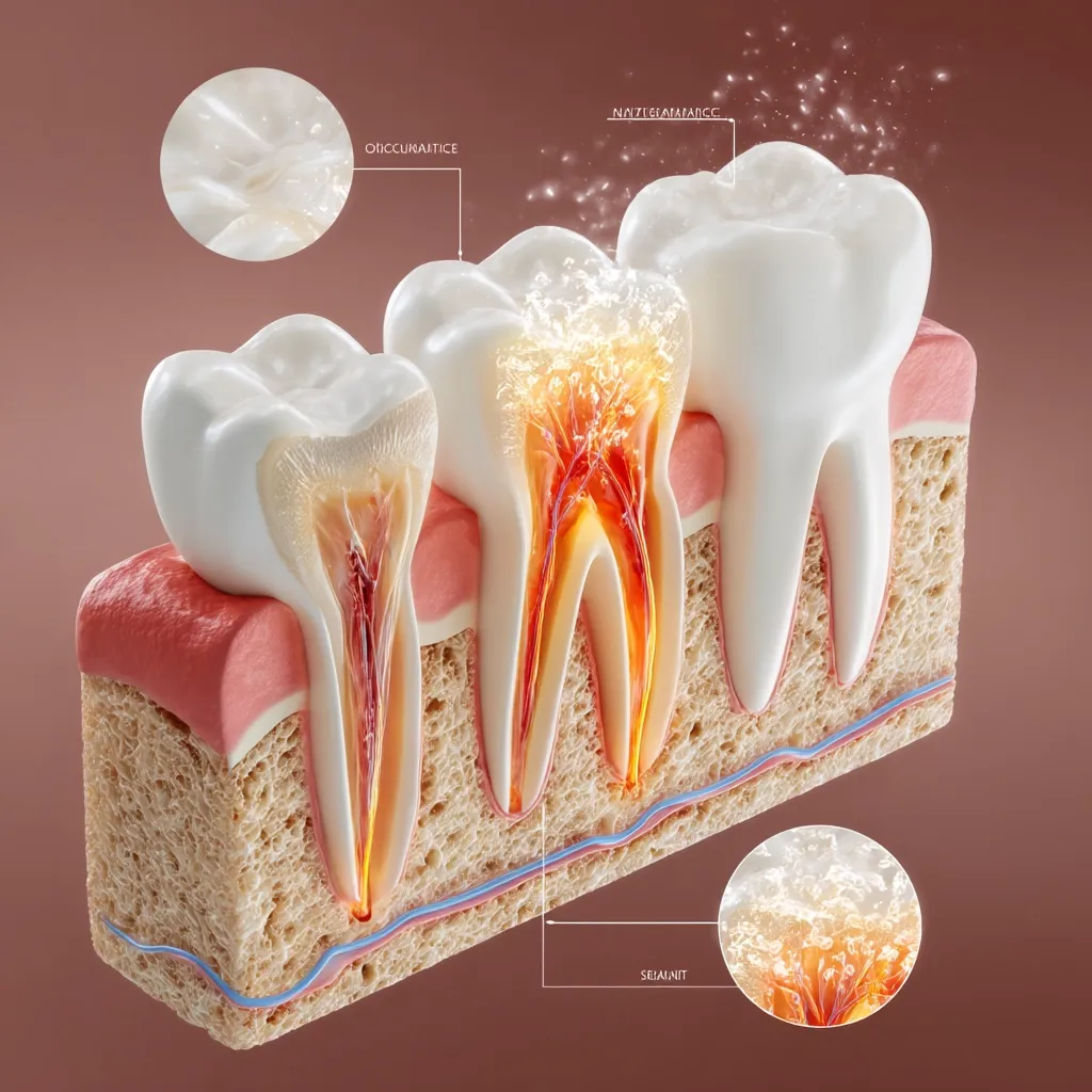 A 3D medical illustration shows the stages of tooth decay.  The first tooth displays a healthy enamel layer.  The second shows early decay, with enamel erosion. The third tooth demonstrates advanced decay, exposing the dentin and pulp.  The final tooth is healthy, showcasing the progression of caries and the importance of dental care.  Close-ups highlight enamel and the decay process.