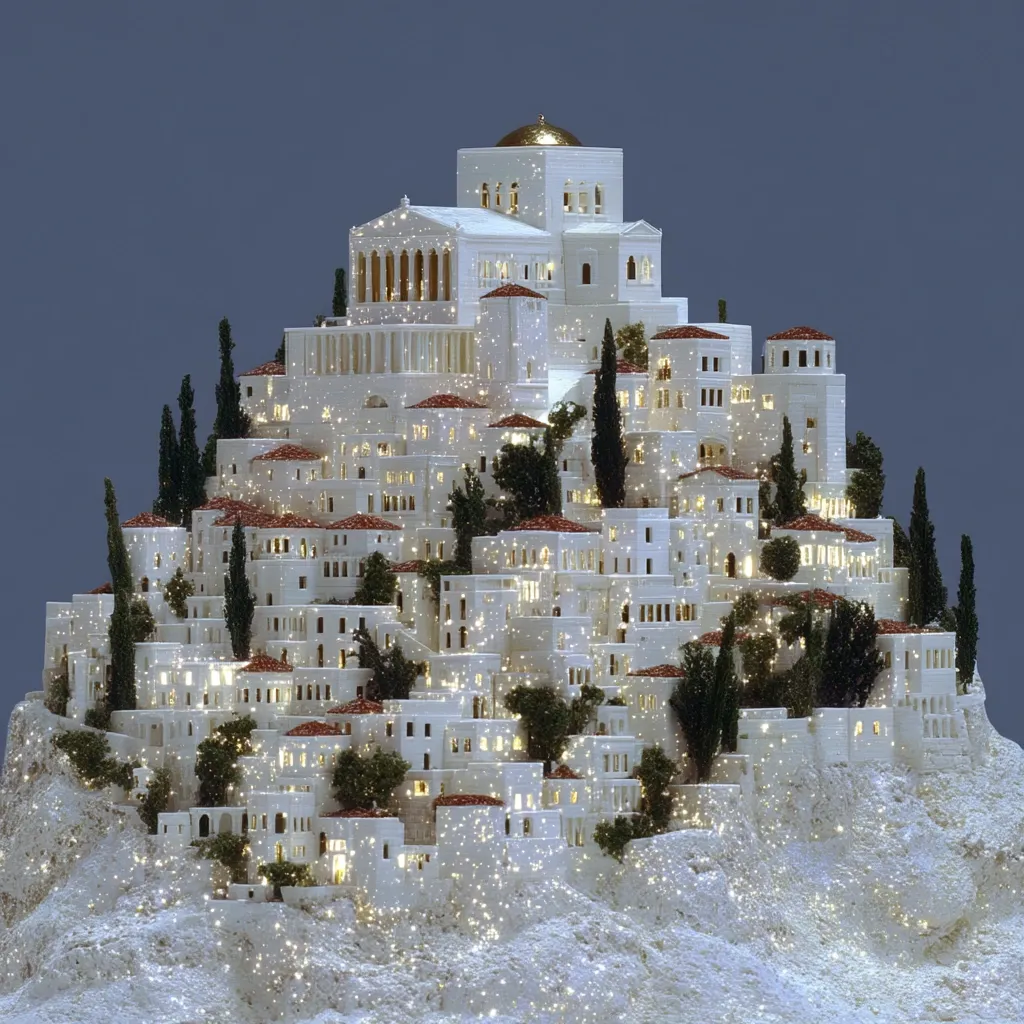 A meticulously crafted miniature depicts a hilltop village, glowing with soft internal lights.  White buildings, reminiscent of Greek architecture, cluster together, culminating in a grand temple-like structure at the summit.  Cypress trees dot the landscape, adding to the charming, almost magical ambiance.  The overall effect is one of serene beauty and intricate detail.