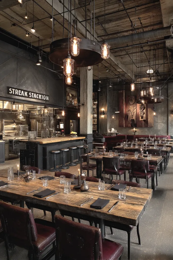A rustic-industrial restaurant interior features long wooden tables and dark leather chairs.  Exposed ductwork and metal accents complement the aged wood and large, caged pendant lights.  A visible kitchen area with a "Streak Stackion" sign adds to the open concept design. The overall atmosphere is both stylish and inviting.
