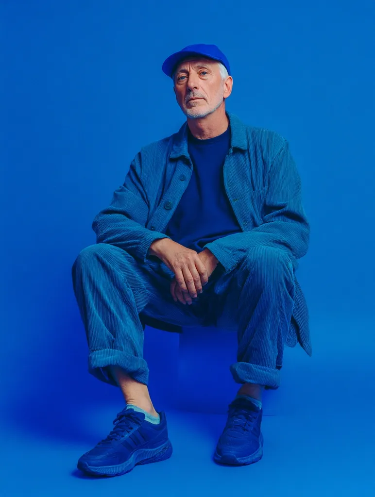 A senior man with gray hair and beard sits against a bright blue background. He wears a complete blue outfit: a corduroy jacket and pants, a blue baseball cap, and blue sneakers. His hands rest on his lap.  He looks directly at the camera with a serious expression. The monochromatic blue creates a striking visual effect.