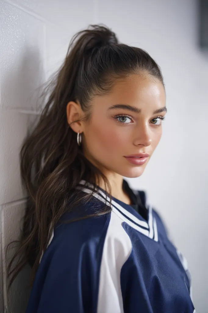 A young woman with long brown hair pulled back in a high ponytail,  is seen from the shoulders up. She's wearing a navy blue and white baseball jacket and has subtle makeup. Her expression is serious and direct, her gaze engaging the viewer. The background is a simple white wall.  The overall aesthetic is clean and modern.