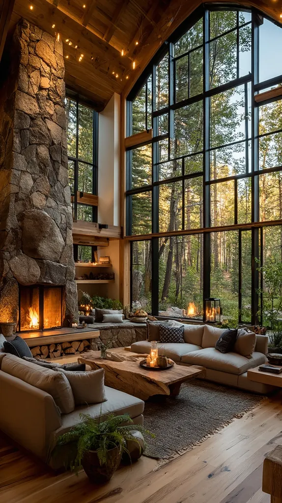 A stunning living room features a large stone fireplace, a cozy sectional sofa, and a live-edge coffee table.  Floor-to-ceiling windows offer breathtaking views of a forest, bathing the room in natural light.  The rustic-chic design blends wood, stone, and neutral tones for a warm and inviting atmosphere.  Subtle lighting accents enhance the overall ambiance.