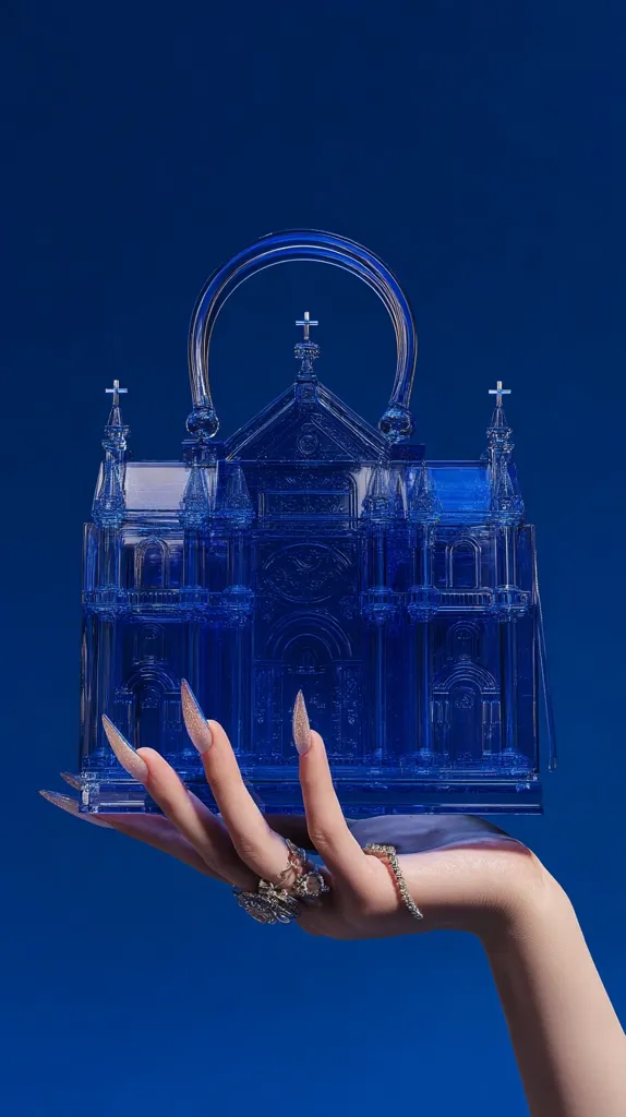 A hand with long, pointed nails delicately holds a translucent blue handbag shaped like a church.  The bag is intricately detailed, showcasing architectural features like crosses and spires.  The model's hand is adorned with rings, contrasting with the bold, unique design of the handbag against a vibrant blue background. The overall aesthetic is surreal and striking.
