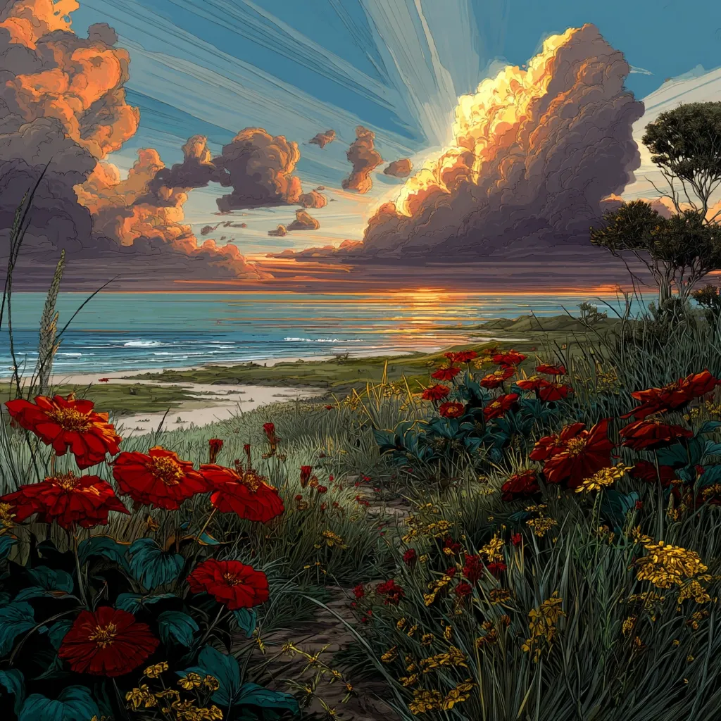 A vibrant sunset casts a golden glow over a tranquil ocean scene.  A path winds through a field of lush grasses and bright red zinnias, leading towards a sandy beach.  Dark, dramatic clouds fill the upper portion of the sky, contrasting with the warm hues of the setting sun.  The overall effect is one of serene beauty and peaceful contemplation.