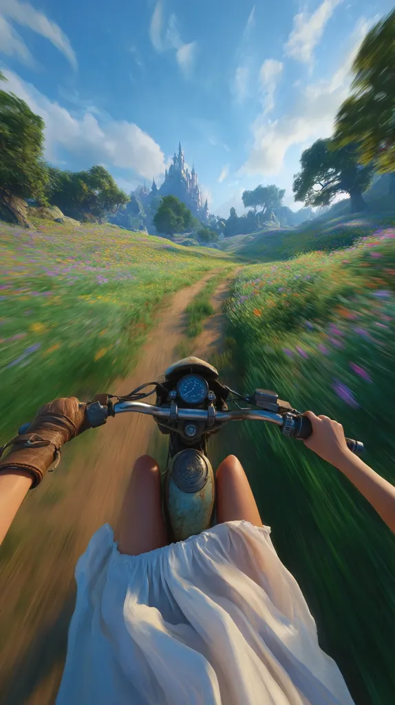 A person in a flowing white dress rides a motorbike down a dirt road.  The road winds through a vibrant, flower-filled meadow towards a majestic castle nestled in the distance under a bright, sunny sky. The motion blur suggests speed, creating a sense of freedom and adventure. The scene is idyllic and fantastical.