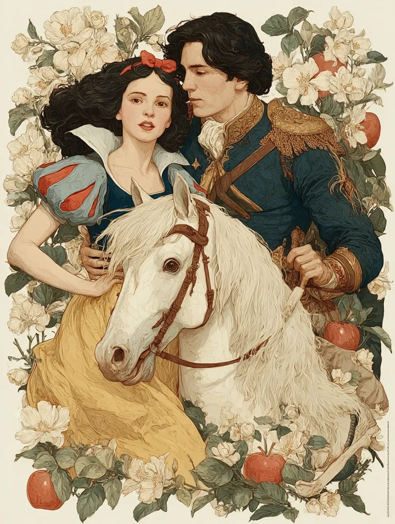 A romantic illustration depicts Snow White and her prince charming.  Snow White, in her iconic yellow dress, sits beside her prince on a white horse, surrounded by blossoming apple trees and ripe red apples. The prince, in a military-style jacket, holds the reins. The style is reminiscent of classic fairy tale illustrations, with soft, detailed brushstrokes and a warm color palette.  Their expressions are tender, hinting at a loving relationship.