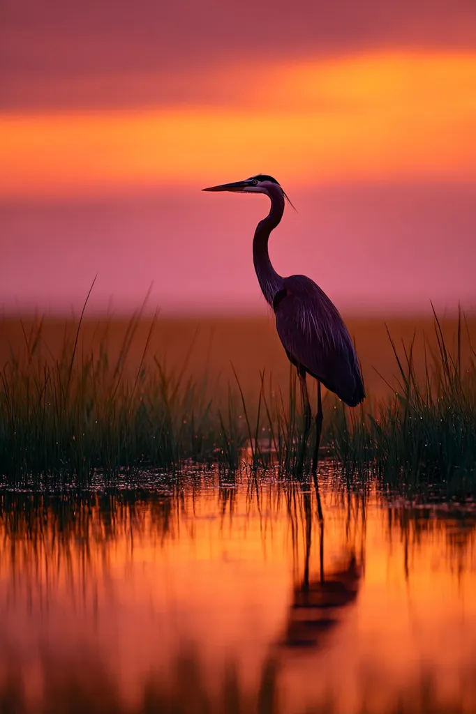A great blue heron stands in shallow water at sunset.  The vibrant orange and pink sky is reflected in the calm water, creating a stunning silhouette of the bird against the fiery backdrop.  Tall grasses surround the heron, adding to the serene wetland scene. The image evokes a sense of tranquility and the beauty of nature at twilight.
