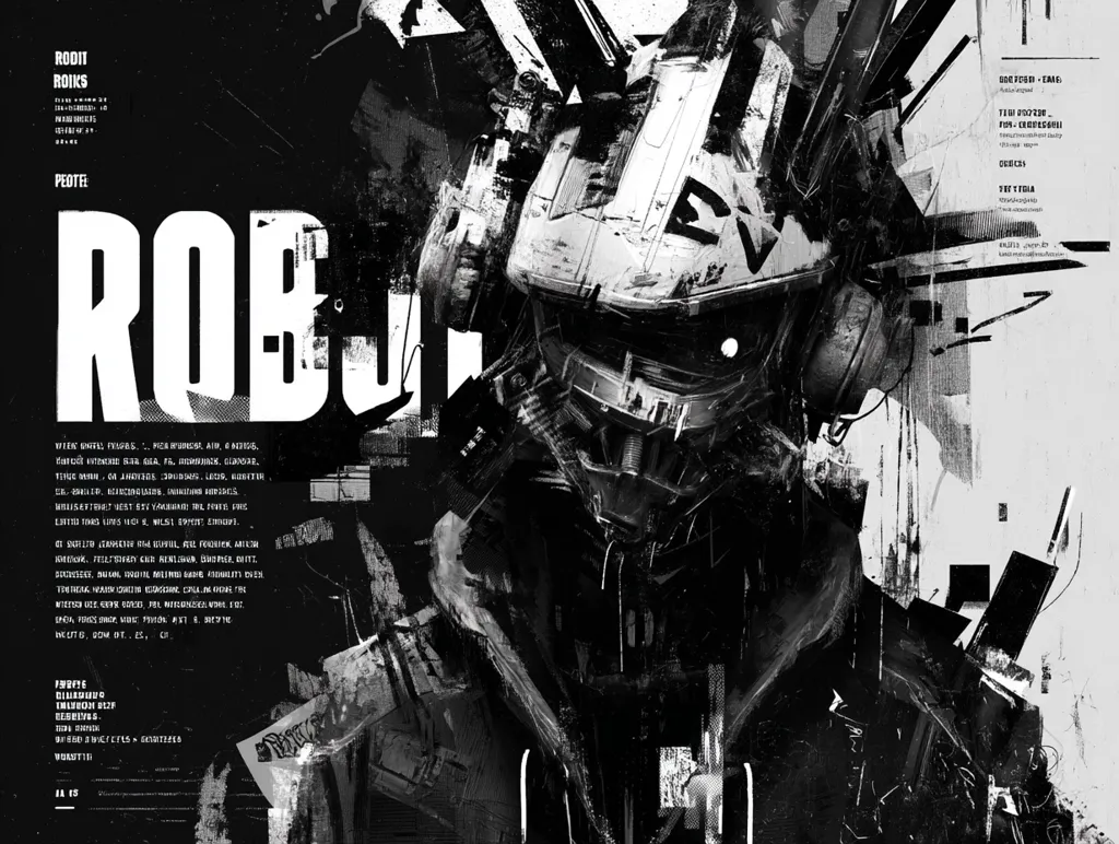 A monochrome illustration showcases a robotic figure, its design blending gritty textures and sharp lines.  The robot's head is central, partially obscured by fragmented, abstract elements suggesting a damaged or decaying aesthetic. Text overlays the image, possibly titles, descriptions, or artist information, contributing to a cyberpunk or dystopian feel. The overall style is raw and expressive, a blend of detailed mechanical elements and gestural abstraction.