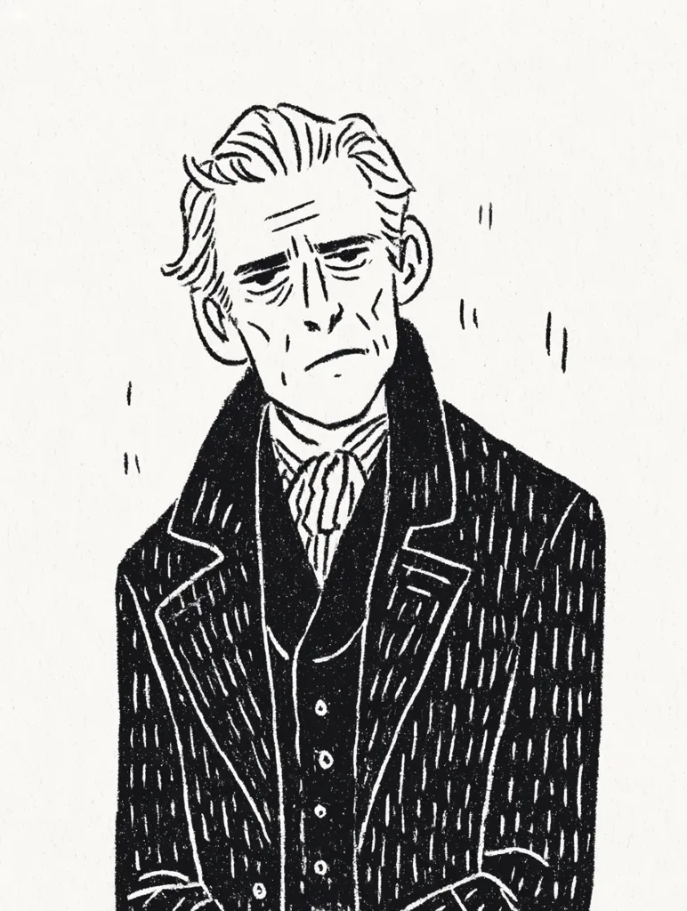 A black and white illustration depicts an older man with short, combed-back hair. He wears a dark, textured coat over a waistcoat and collared shirt. His expression is serious, almost somber.  The style is reminiscent of woodblock printing, with heavy black lines and shading creating a textured effect.  Small, dashed lines around him suggest a sense of movement or unease.
