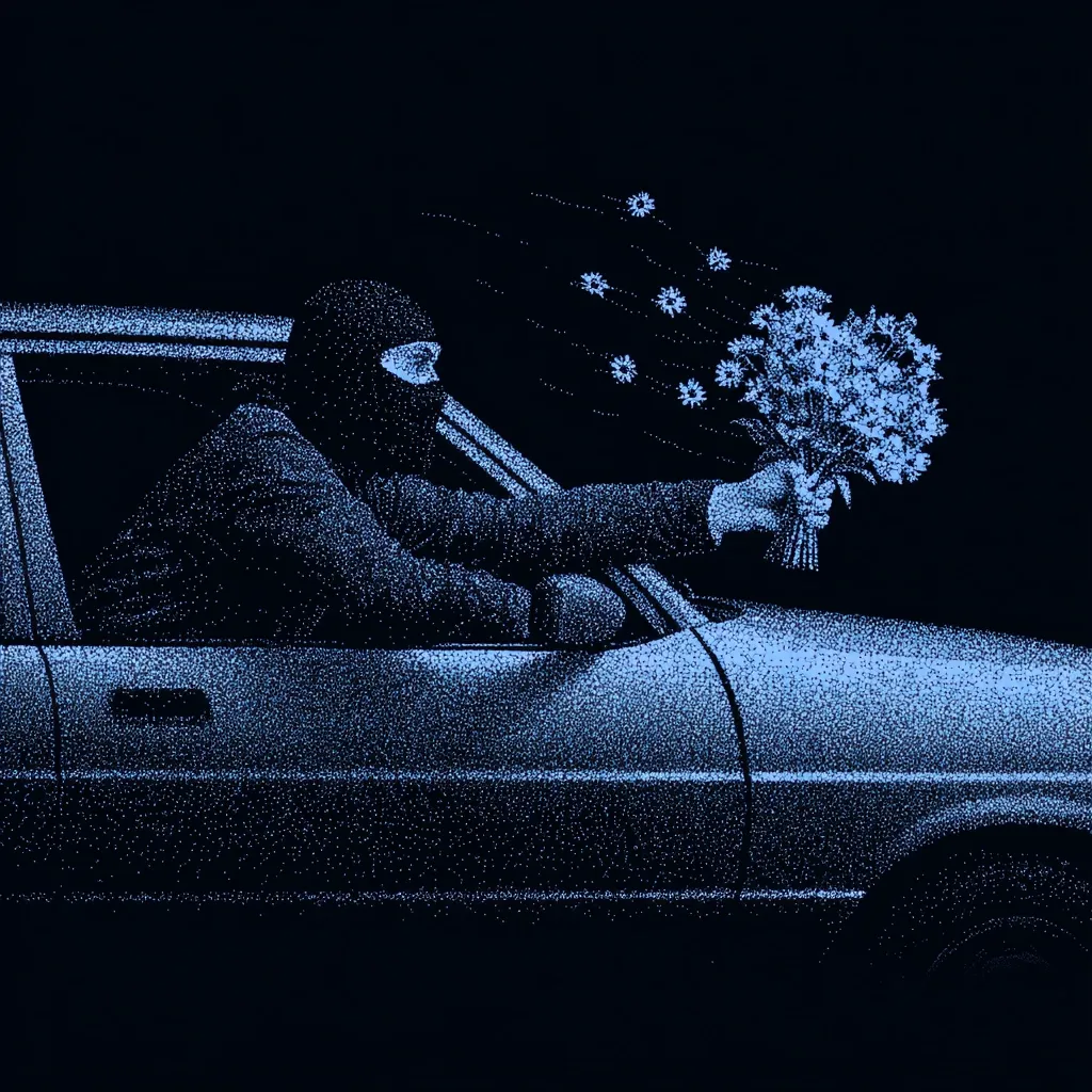 A pointillist-style illustration depicts a person wearing a balaclava in a car, extending a bouquet of flowers out the window.  Petals are blowing in the wind, creating a contrast between the masked figure and the delicate gesture. The dark background and muted blue tones enhance the image's mysterious and somewhat unsettling mood. The style suggests a clandestine or unexpected act of kindness.