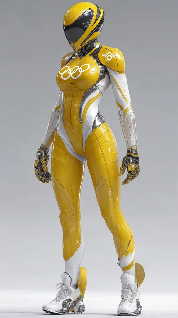 A futuristic female athlete, clad in a vibrant yellow and white bodysuit, stands poised.  The suit is sleek and form-fitting, incorporating technological details.  The Olympic rings are prominently displayed on her chest.  Her helmet is closed, and her advanced footwear suggests high performance.  The overall aesthetic is one of advanced technology and athleticism.