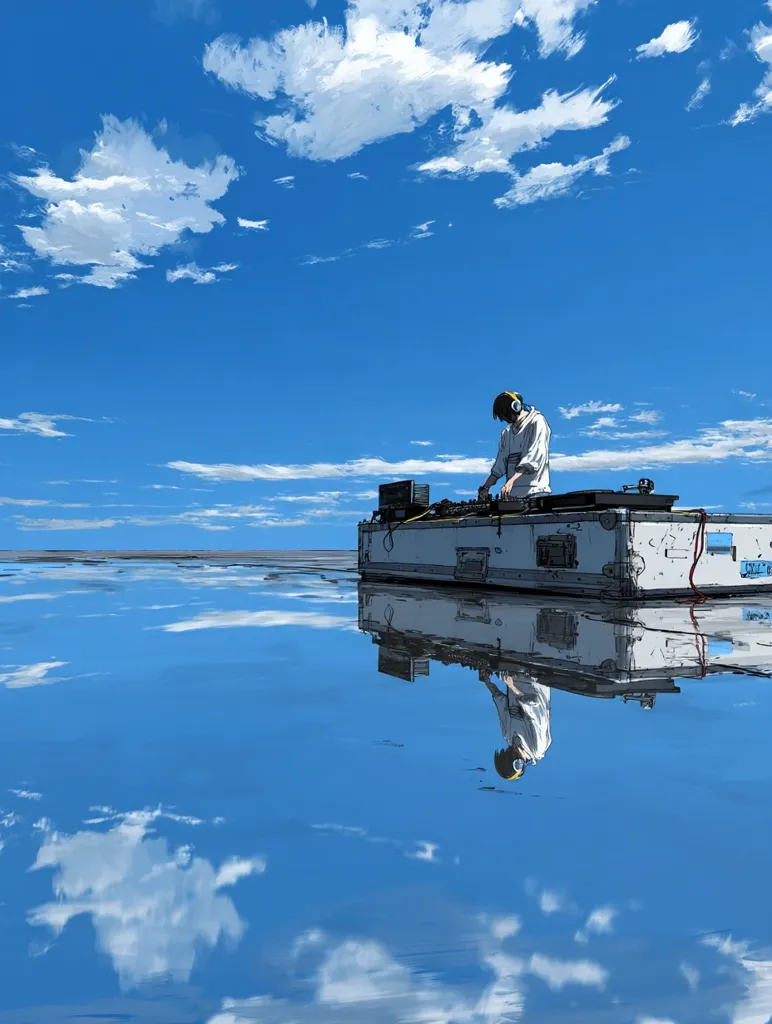 A person wearing headphones stands behind a DJ setup on a flat, reflective surface under a vast, bright blue sky dotted with fluffy white clouds.  The scene is mirrored perfectly in the still water, creating a surreal and peaceful atmosphere. The image has a minimalist, artistic style.
