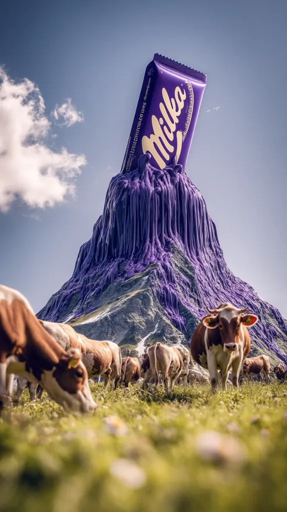 A giant Milka chocolate bar melts atop a mountain, its purple chocolate cascading down the rocky slopes.  A herd of brown and white cows graze peacefully in the foreground, creating a surreal and whimsical contrast between the sweet treat and the alpine landscape.  The sky is a clear, bright blue, enhancing the dreamlike quality of the scene.