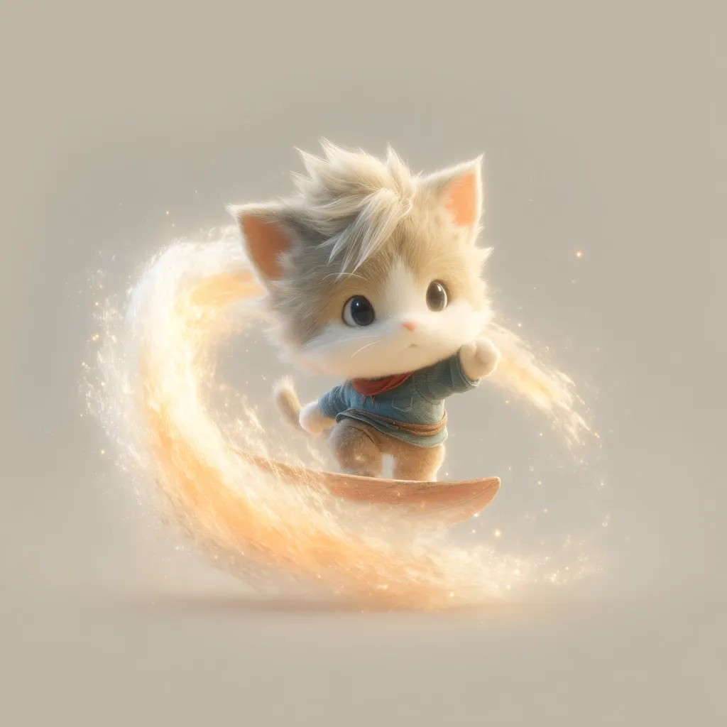 A charming, fluffy kitten, clad in a blue tunic, effortlessly rides a surfboard.  A luminous, golden-orange trail of sparkling energy swirls behind it, creating a magical and whimsical scene. The kitten's expression is serene, and its pose suggests a sense of playful adventure. The overall aesthetic is soft, dreamy, and evocative of fantasy.