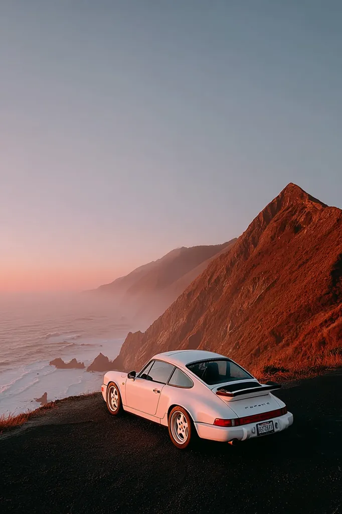 A classic white Porsche 911 (964 generation) is parked on a coastal road overlooking the Pacific Ocean.  The setting sun casts a warm glow on the rugged, reddish-brown cliffs. The vast ocean stretches to the horizon, creating a dramatic and peaceful scene.  The car's elegant lines contrast beautifully with the wild, untamed landscape.