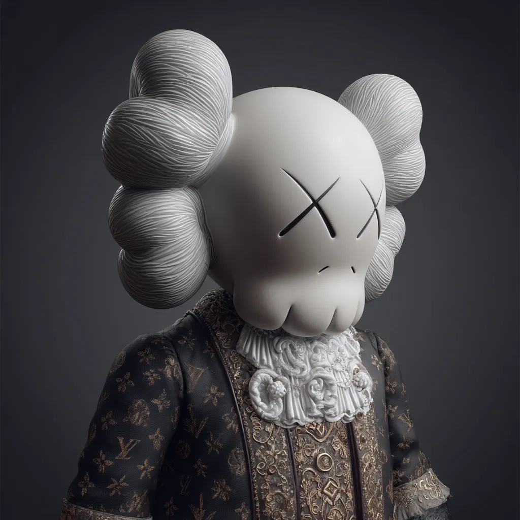 A striking 3D rendering showcases a figure with a KAWS Companion head, meticulously detailed with textured hair.  The head is superimposed onto the ornate, dark-gold-embroidered body of a baroque-era gentleman.  The contrast between the modern art toy and the historical clothing creates a captivating juxtaposition of styles and eras. The image has a dark, moody background, enhancing the figure's dramatic presence.