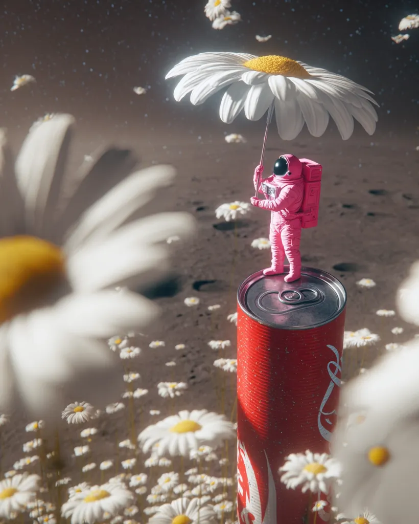 A pink astronaut stands atop a Coca-Cola can in a field of daisies on an alien planet.  The astronaut holds a giant daisy as an umbrella, shielding themself from falling petals. The scene is surreal and whimsical, with a soft, dreamy quality.  The contrast between the futuristic astronaut and the natural daisies creates a captivating image.