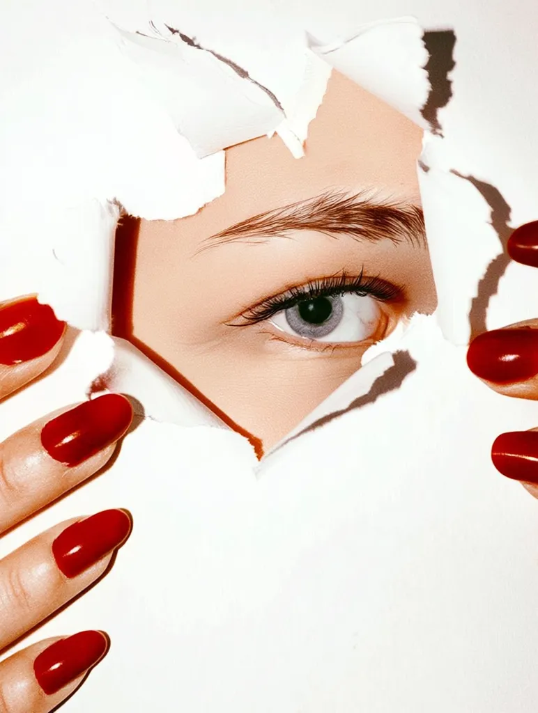 A woman's eye peeks through a torn piece of white paper, her gaze directed forward.  Her meticulously groomed eyebrow and long lashes frame the striking blue-grey eye.  Her hands, adorned with crimson nails, grip the edges of the paper, creating a dramatic contrast against the stark white background. The image evokes a sense of mystery and allure.