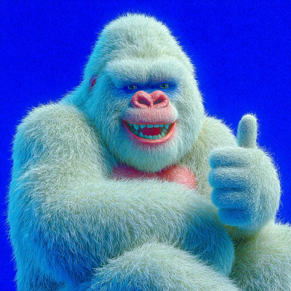 A friendly, cartoon-style albino gorilla is featured against a vibrant blue backdrop.  Its thick, white fur is highly detailed, and it displays a broad, cheerful smile.  One hand is raised in a thumbs-up gesture, conveying a positive and approachable demeanor. The image is digitally rendered, showcasing a playful and inviting character.