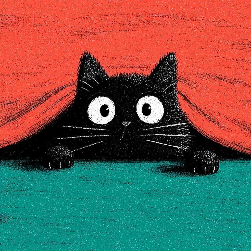 A black cat with wide, surprised eyes peeks from under a coral-colored blanket onto a teal surface.  Its paws are visible, and its whiskers extend outward. The illustration style is simplistic, with a textured, slightly grainy appearance. The cat's expression is playful and curious.