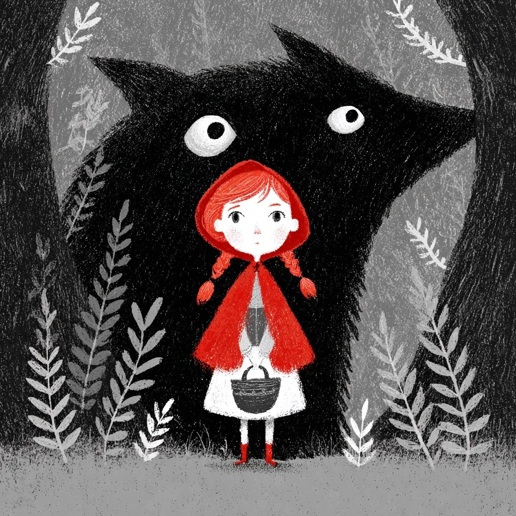 Little Red Riding Hood stands innocently before a looming, shadowy wolf in a dark forest.  She carries a basket, unaware of the danger.  The illustration uses a textured, monochromatic palette, emphasizing the contrast between the girl's vibrant red cloak and the ominous surroundings. The style is whimsical yet slightly unsettling, hinting at the classic fairytale's inherent suspense.