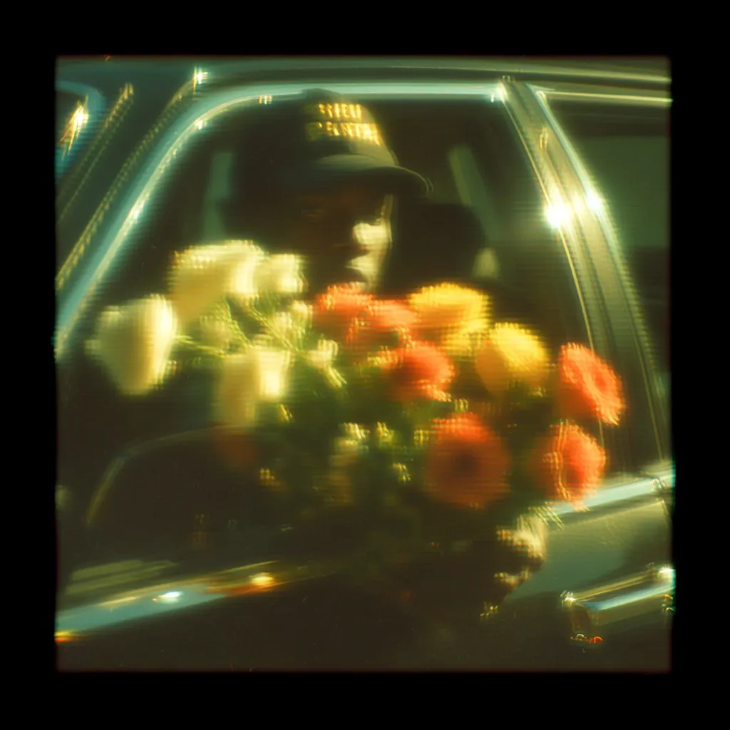 A blurry, dreamlike image shows a person wearing a dark cap inside a car, holding a large bouquet of brightly colored flowers. The flowers are predominantly orange, red, and yellow, with some white ones visible. The image has a vintage, possibly film-like quality, with soft focus and a warm color palette. The car's interior and exterior are visible, reflecting light.  The overall mood is melancholic and mysterious.