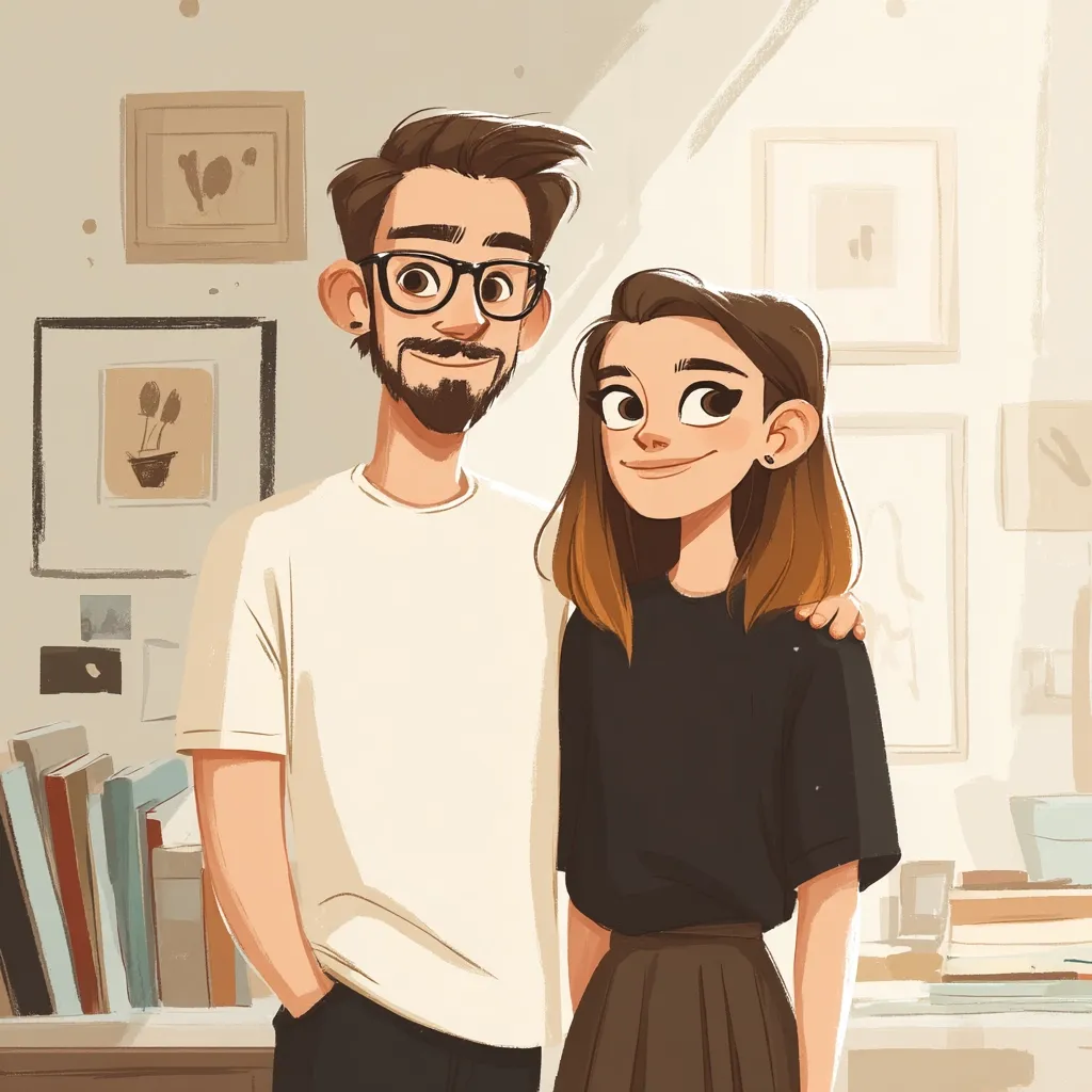 A charming illustration depicts a couple, a man with glasses and a beard in a cream t-shirt, and a woman with shoulder-length brown hair wearing a black shirt and brown skirt. They stand close, his arm affectionately around her shoulder, suggesting a warm, intimate relationship.  The background features bookshelves, framed artwork, and a sunlit room, contributing to a cozy, domestic atmosphere. The art style is vibrant and cartoonish, yet realistic in its portrayal of emotion and detail.