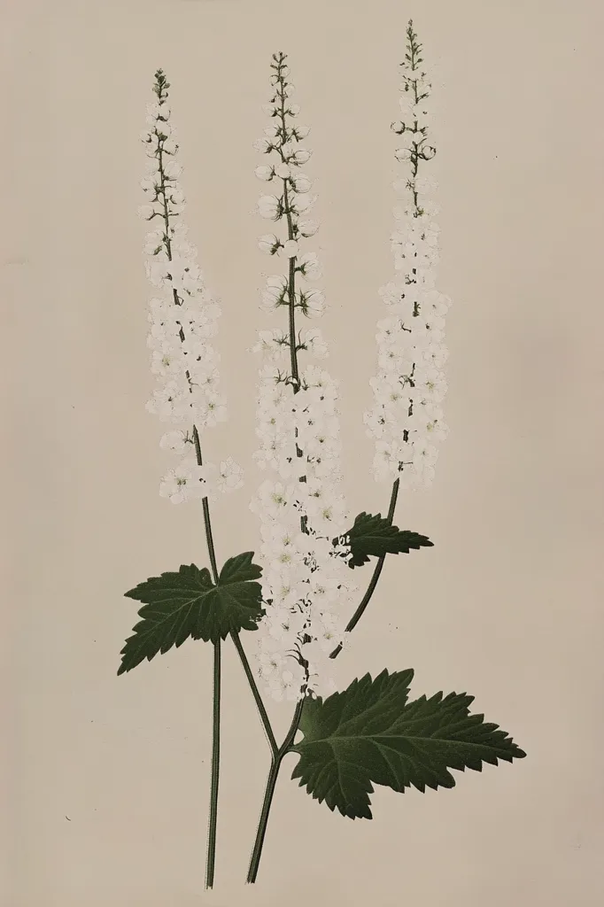A botanical illustration showcases three delicate stems of white flowers, possibly a species of spiraea or similar flowering plant.  The blossoms are densely clustered in elongated spikes, creating a vertical emphasis.  Dark green, serrated leaves at the base add contrast to the pale flowers. The artwork is rendered with a fine detail against a muted beige background, suggesting a vintage botanical print.