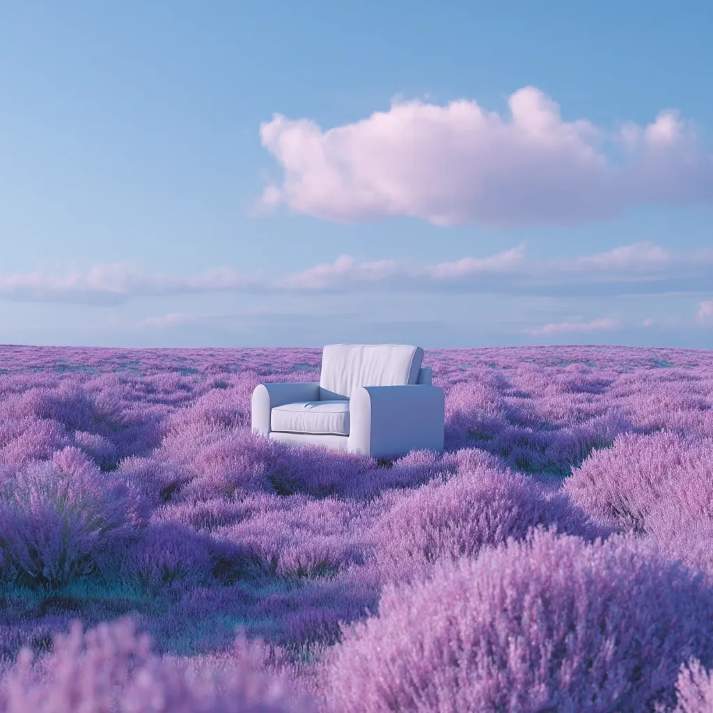 A serene landscape featuring a single, light-grey armchair nestled within a vast field of lavender.  The sky is a soft, pale blue with a fluffy white cloud. The overall scene is peaceful and dreamlike, with a pastel color palette creating a calming atmosphere. The armchair seems to offer a moment of quiet contemplation amidst the natural beauty.