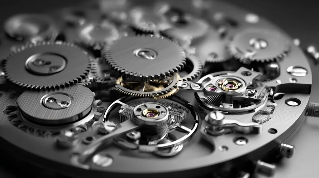 A close-up reveals the intricate mechanics of a watch's movement.  Numerous precisely engineered gears, meticulously arranged, interlock and mesh seamlessly.  The metallic components gleam, showcasing a high level of craftsmanship.  The image emphasizes the complexity and beauty of the internal workings of a luxury timepiece.  Small jewels are visible, adding to the sophisticated design.