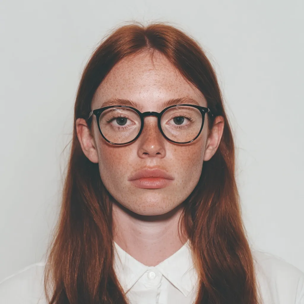 A young woman with long, auburn hair and freckles stares directly at the camera. She's wearing round, black-framed glasses and a crisp white collared shirt. Her expression is serious and neutral, her gaze unwavering. The background is a plain, light gray, focusing attention on her face. The image is clean and minimalist, with a focus on natural beauty and a straightforward presentation.
