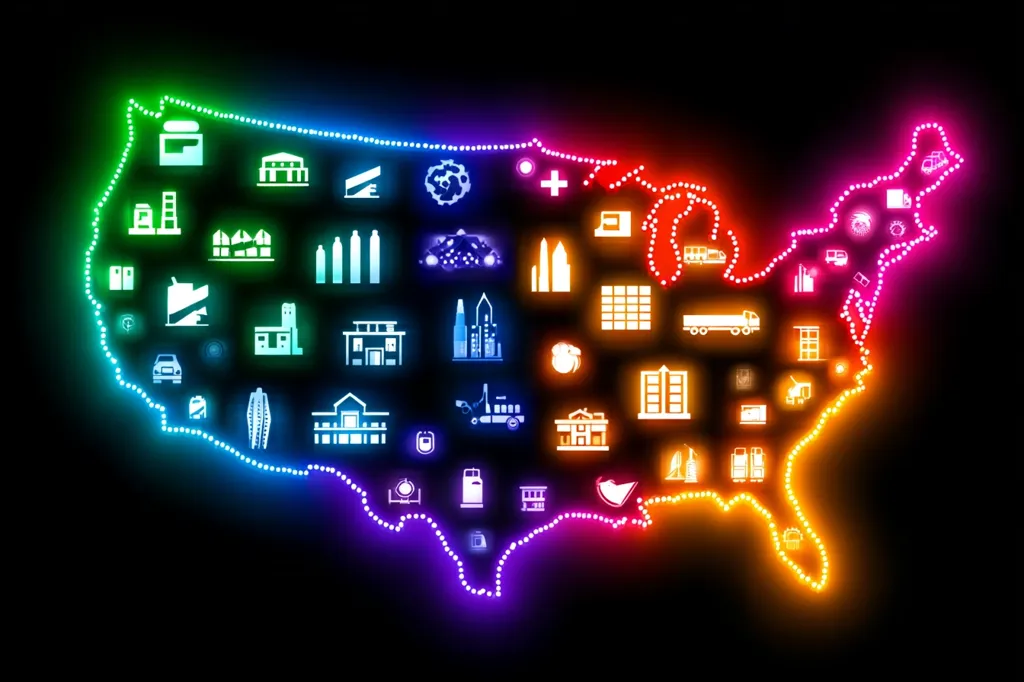 A vibrant, neon-lit outline of the United States map is depicted.  Within the map's boundaries, numerous small, white icons represent various industries and landmarks, including factories, skyscrapers, vehicles, and infrastructure. The outline itself transitions through a spectrum of rainbow colors, creating a visually striking representation of American industry and geography.