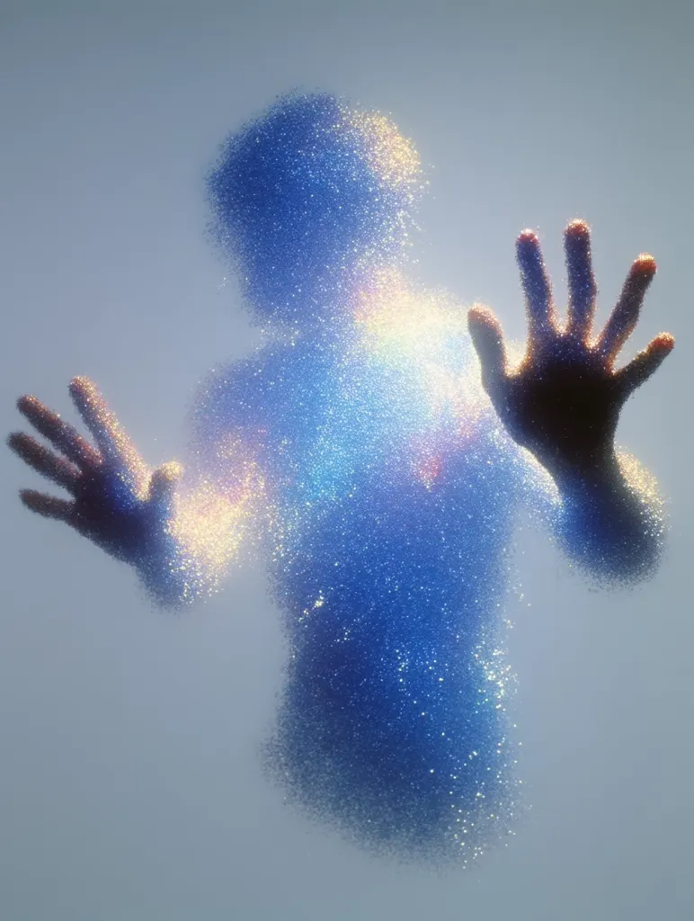 A shimmering, ethereal figure, composed of countless tiny particles, is depicted against a muted background.  Its form is vaguely humanoid, with outstretched hands reaching towards the viewer.  The iridescent particles suggest a sense of otherworldliness and fragility. The overall impression is one of mystery and subtle beauty.