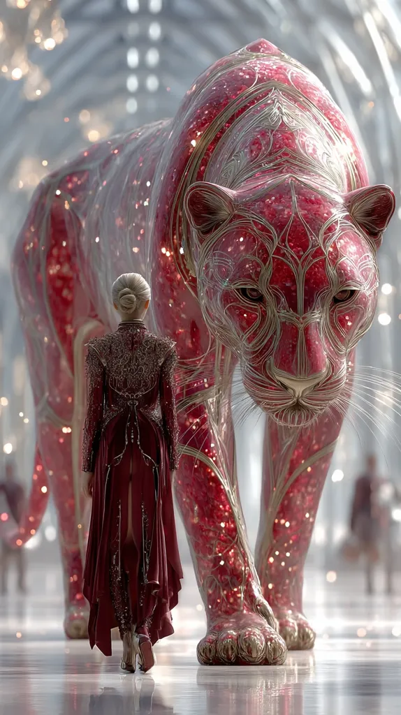 A woman in a long, red, sequined gown walks past an enormous, ruby-red panther sculpture.  The panther is intricately detailed with gold filigree, giving it a jeweled appearance. The scene is set in a grand, light-filled hall, with blurred figures in the background suggesting a bustling atmosphere. The contrast between the woman's scale and the colossal panther creates a dramatic visual impact.