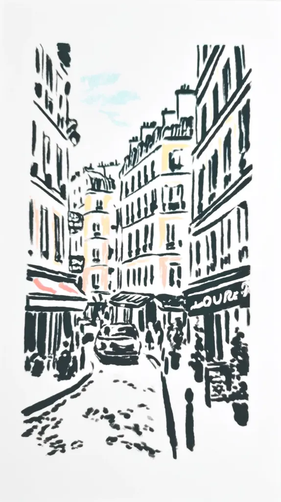 A stylized black and white illustration depicts a Parisian street scene.  Tall, narrow buildings line a cobbled street, their windows and architectural details rendered with bold, expressive lines.  A car is visible in the mid-ground, and pedestrians are suggested by simple shapes.  A touch of pale color hints at awnings and sky.  The overall style is reminiscent of a quick sketch, capturing the essence of a Parisian lane.