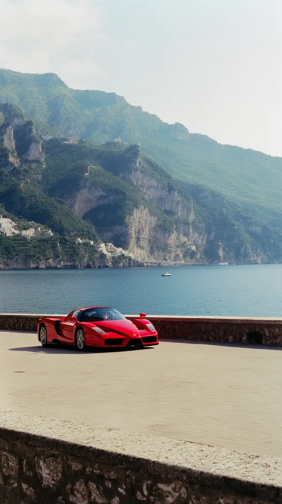 A vibrant red Ferrari Enzo supercar is parked on a coastal road overlooking a serene blue sea.  Towering green mountains form a dramatic backdrop, their slopes dotted with small buildings. The scene evokes a sense of luxury and breathtaking natural beauty, capturing a moment of idyllic escape.  The car is sharply in focus, contrasting with the slightly hazy mountain range.
