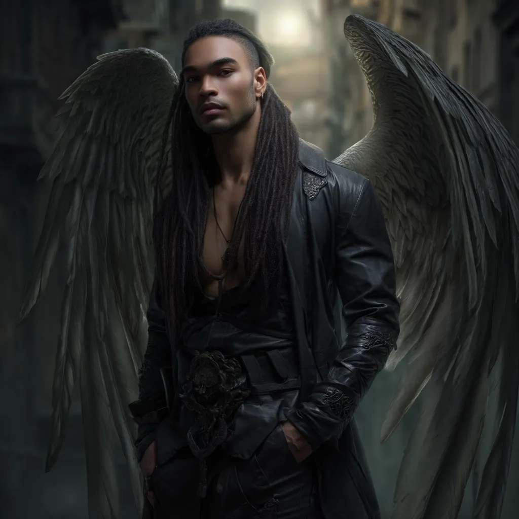 A dark-haired man with long dreadlocks stands majestically, adorned in a black leather coat and intricate accessories.  Large, grey-toned angel wings sprout from his back, contrasting with his brooding expression.  The setting appears to be a dimly lit, urban alleyway, enhancing the mysterious and dramatic atmosphere.  He exudes a powerful and enigmatic presence.