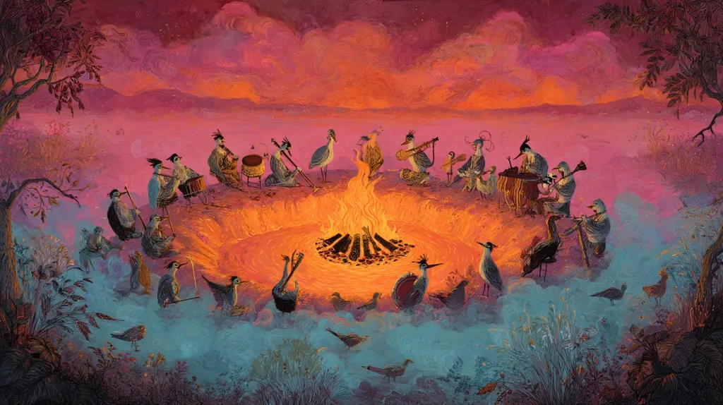 Anthropomorphic birds gather around a vibrant bonfire under a dusky pink sky.  They play various instruments – drums, flutes, and stringed instruments – creating a lively, musical scene. The birds are depicted in detailed attire, suggesting a ceremonial or celebratory gathering.  The overall atmosphere is mystical and enchanting, with a surreal blend of colors and textures.