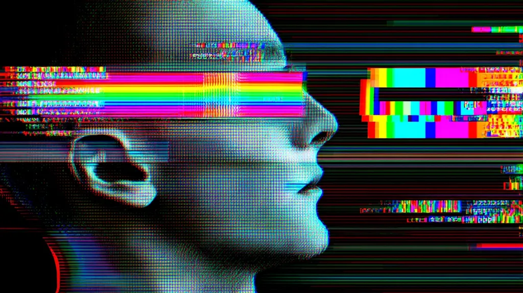 A stylized portrait of a human head, rendered in a digital, glitch art style.  Vibrant, rainbow-colored horizontal lines disrupt the image, creating a sense of digital distortion and data overload. The background is a dark canvas of glitching lines and code-like text, enhancing the overall cyberpunk aesthetic.  The portrait's profile is sharp despite the visual interference, suggesting a resilience to technological disruption.