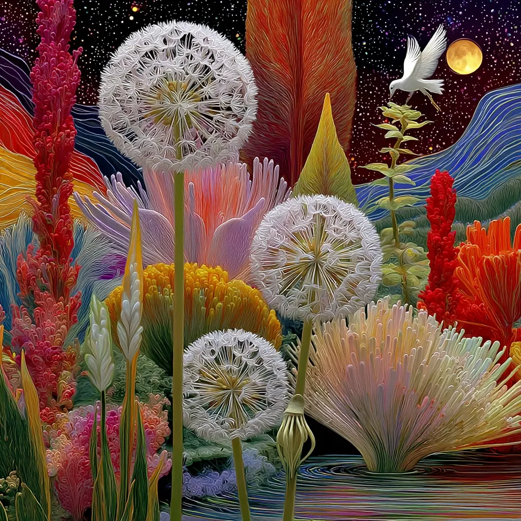 A vibrant, surreal garden scene under a night sky.  Large, luminous dandelion clocks dominate the foreground, surrounded by a profusion of stylized, brightly colored flowers and plants.  A white bird soars above a moonlit landscape, adding a touch of magic to the whimsical composition.  The overall style is painterly, with visible brushstrokes creating texture and depth.