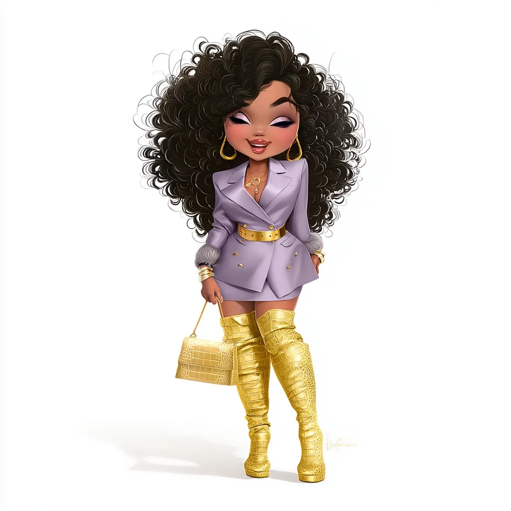 A stylish digital illustration of a Black woman with voluminous curly hair. She's dressed in a lavender blazer and matching mini-skirt, complemented by gold crocodile-embossed thigh-high boots and a matching handbag.  Her accessories include gold hoop earrings and a delicate necklace. The overall style is chic and modern.