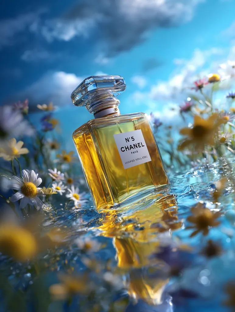 A bottle of Chanel No. 5 perfume rests on a bed of wildflowers, partially submerged in clear water.  The golden liquid inside reflects the vibrant blue sky and surrounding blooms. The scene evokes a sense of freshness and luxury, showcasing the perfume's elegant design against a picturesque natural backdrop.  Sunlight illuminates the scene, creating a captivating image.