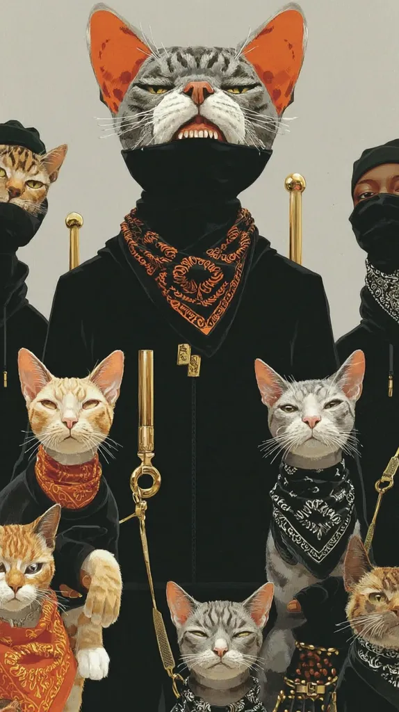 A stylized artwork depicts a large, imposing cat with oversized ears, wearing a black balaclava and bandana, as a central figure.  Surrounding it are smaller cats, also in black clothing and bandanas, resembling a gang or entourage. The overall aesthetic is dark, cool, and slightly menacing, with a hint of humor in the juxtaposition of the cats' attire and expressions. Gold chains and other accessories add to the opulent, street style feel.