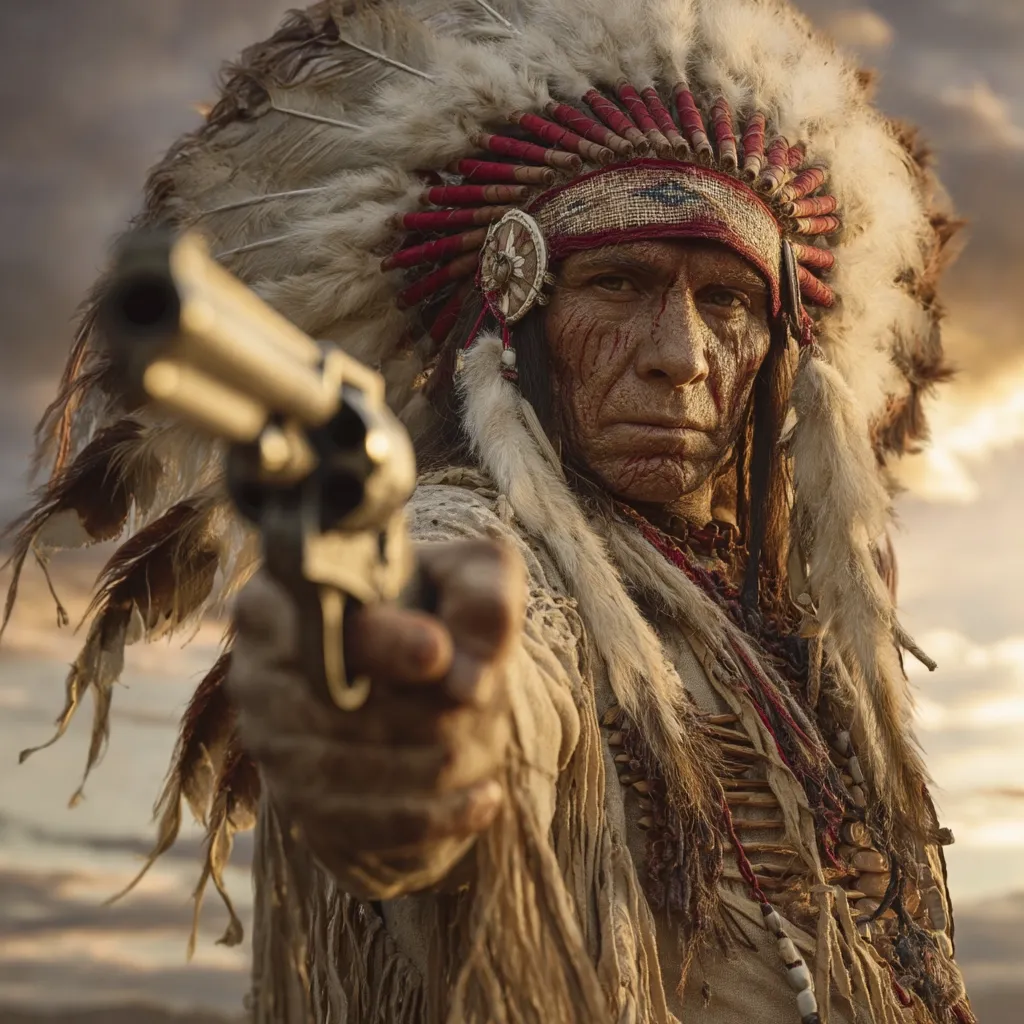 A Native American man, adorned in a headdress and traditional clothing, points a revolver directly at the viewer.  His weathered face and intense gaze convey a powerful sense of defiance and determination. The setting sun casts a dramatic light, highlighting the textures of his attire and the weapon in his hand.  The image evokes a strong sense of the American West and its complex history.