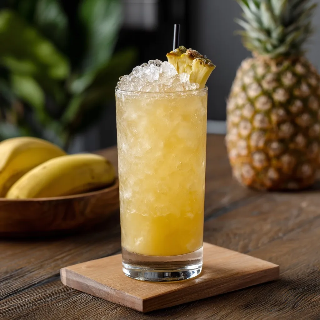 A refreshing yellow cocktail, possibly a Mai Tai variation, is presented in a tall glass filled with ice.  A pineapple wedge garnishes the drink.  Bananas and a whole pineapple are subtly visible in the background, suggesting tropical fruit flavors. The drink rests on a small wooden coaster on a dark wooden table.  The overall ambiance is relaxed and inviting.