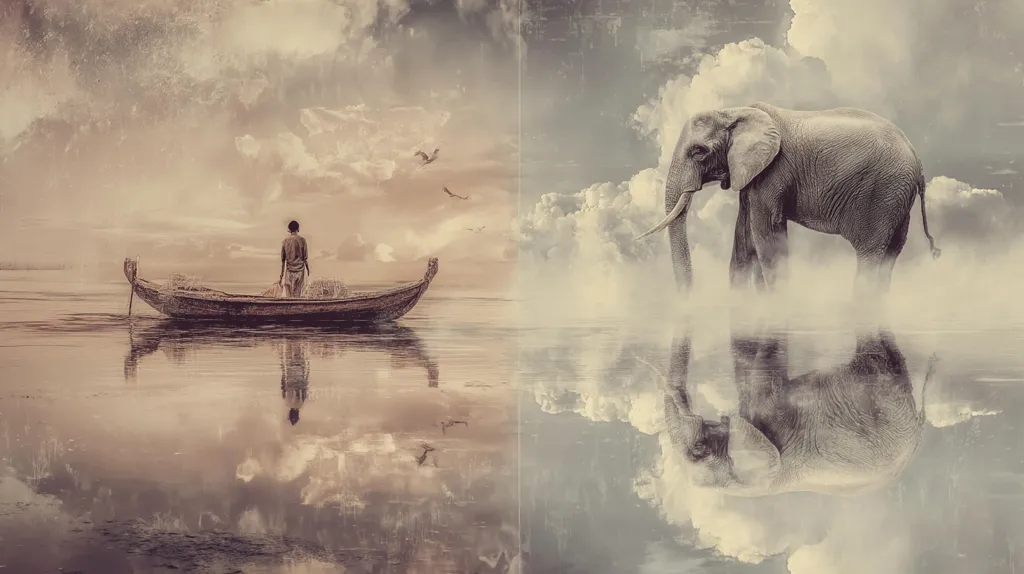 A serene, surreal diptych.  On one side, a lone figure in a small boat on calm water, under a cloudy sky. The other half shows a large elephant standing in misty water, its reflection mirrored below.  Both scenes evoke a sense of tranquility and mystery, with a dreamlike, vintage aesthetic.  The juxtaposition creates a compelling visual contrast.