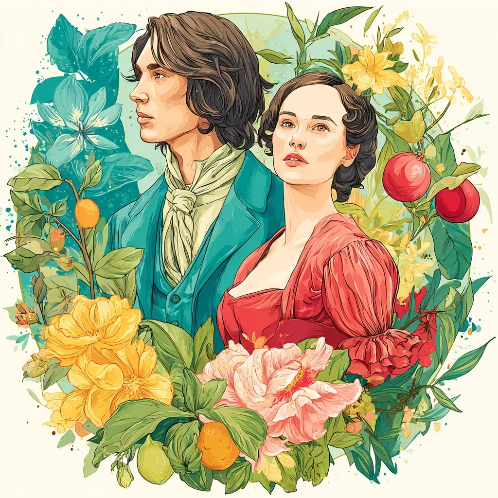 A stylized illustration depicts a man and a woman, possibly period-dressed characters, surrounded by vibrant botanical elements.  The man in teal attire is positioned to the left, his gaze directed forward, while the woman in a red gown gazes upward, subtly suggesting a romantic narrative.  Lush yellow and pink flowers, citrus fruits, and pomegranates frame the figures, creating a visually rich and evocative scene.  The style is reminiscent of botanical illustration blended with character portraiture.