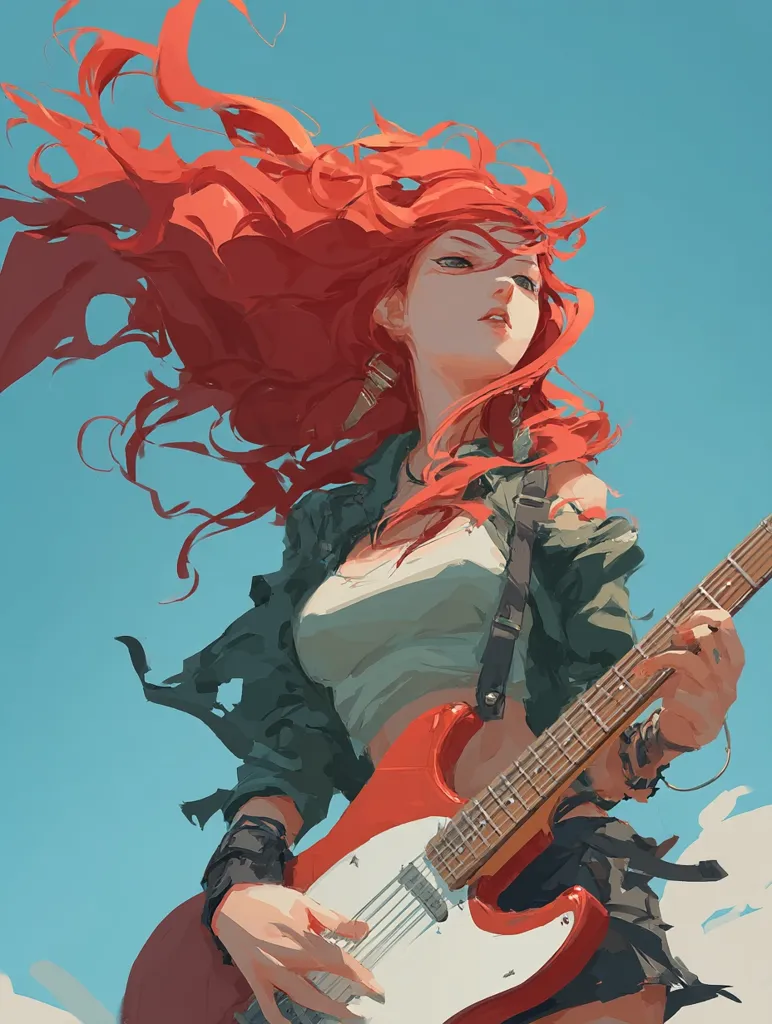 A vibrant illustration depicts a young woman with fiery red hair, dynamically styled.  She's playing a red electric guitar, her intense gaze directed upward against a clear blue sky.  Her attire is casual yet edgy, a blend of a loose tank top and a partially unbuttoned jacket. The overall style is anime-influenced, with a painterly, loose brushstroke technique.