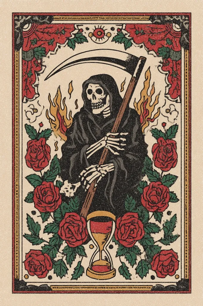 A vintage-style illustration depicts the Grim Reaper, cloaked and skeletal, holding a scythe.  Surrounding the figure are vibrant red roses and flames, suggesting a symbolic representation of death and mortality. An hourglass sits at the base, emphasizing the passage of time. The ornate frame adds to the artwork's antique aesthetic. The image is rich in detail and uses a color palette reminiscent of old prints and tattoo art.