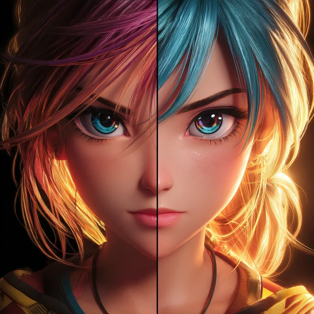 A close-up split-face portrait of a stylized female anime character.  One half showcases vibrant pink and orange hair, while the other displays teal and blonde.  Her expressive eyes, sharp features, and serious expression are mirrored on both sides.  The image is highly detailed, showcasing realistic rendering and lighting effects, giving a strong sense of depth and texture to her hair and skin.